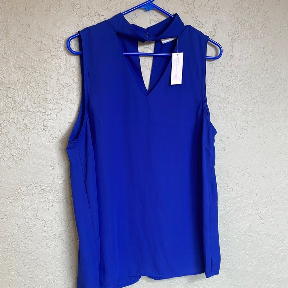 New York & Company Blue Cut Out Mandarin Collar Blouse